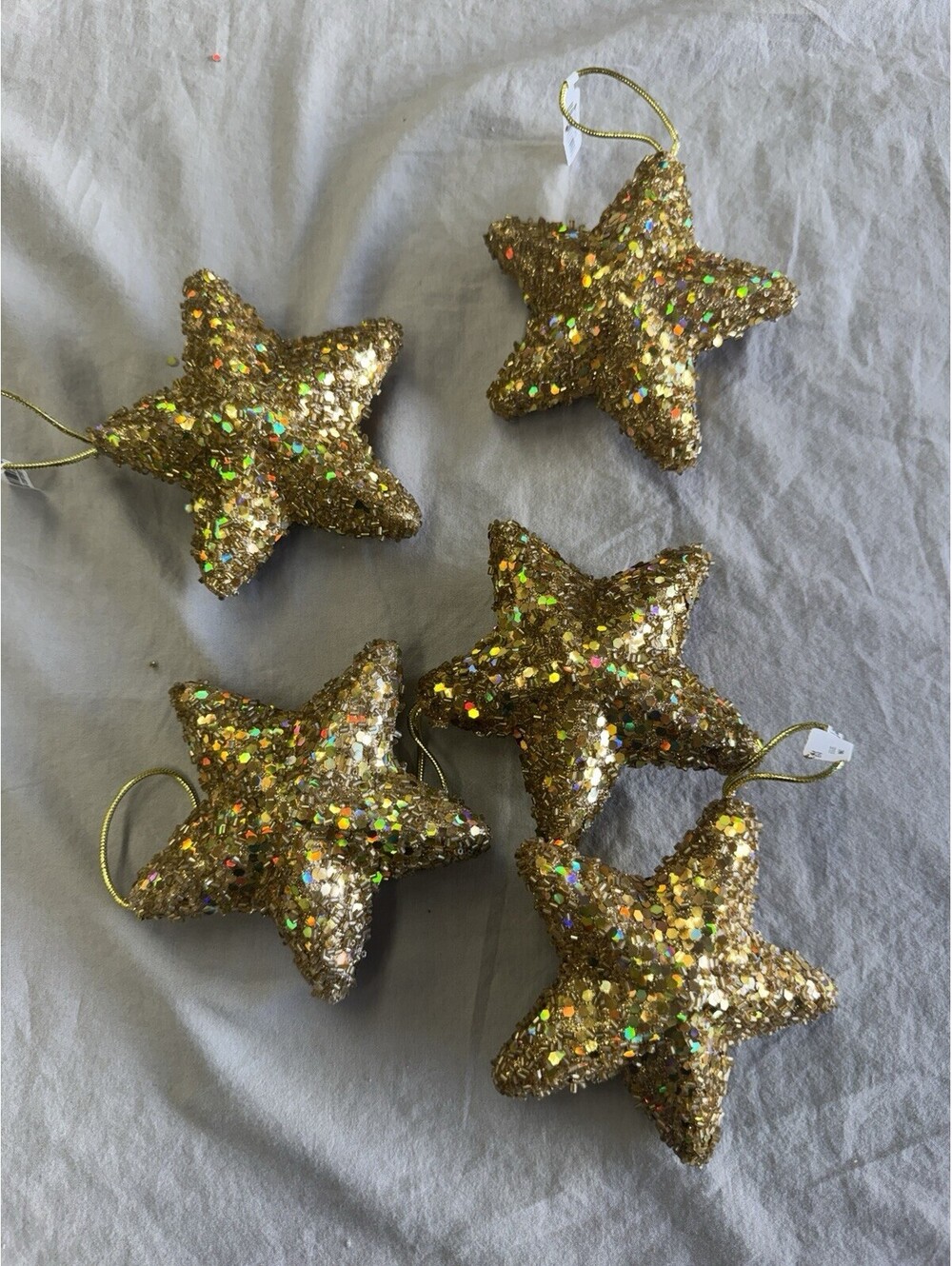 Pier 1 gold sequin star glitter ornament Lot Of 5 Xmas tree decor